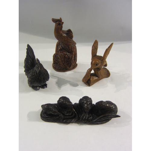 4350 - Four boxwood netsuke - cockerel, quail, pheasant, hummingbird, two signed