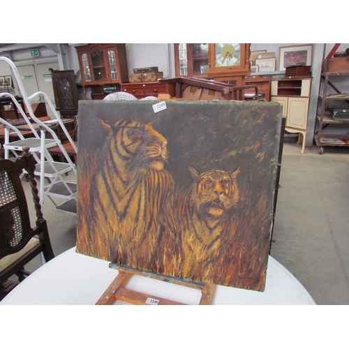 2126 - An oil on canvas mounted on board of tigers, G.wickens 1975   (R)  £20