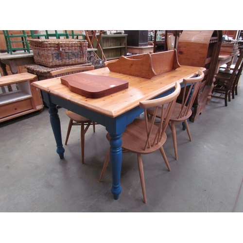 2345 - A pine top table with a blue painted base 87cm x 150cm