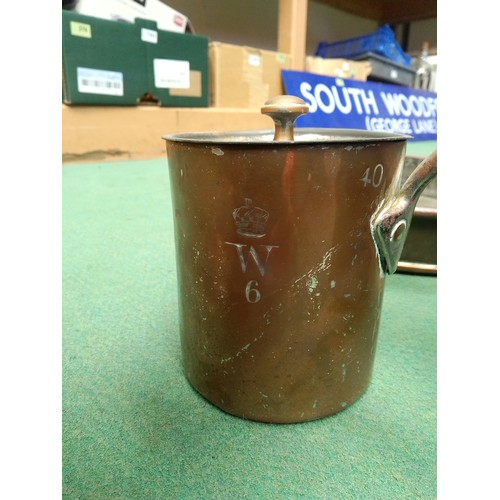 2011 - A shallow copper pan and two lidded copper pans, monogrammed 