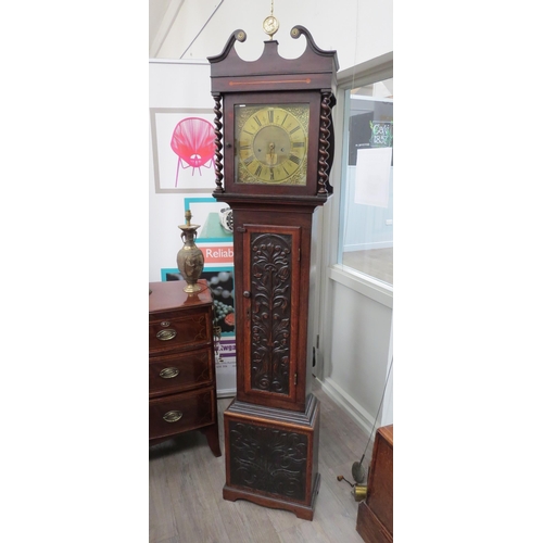 4427 - Circa 1830, An oak cased longcase clock with brass dial and chapter ring, with barley twist to hood.... 