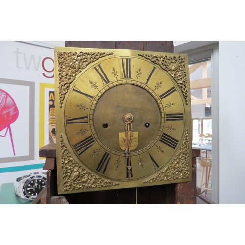 4427 - Circa 1830, An oak cased longcase clock with brass dial and chapter ring, with barley twist to hood.... 