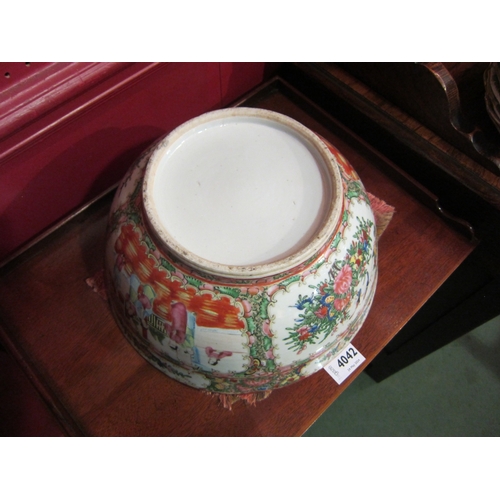 4041 - A large 19th Century Cantonese punch bowl, figural scenes, birds and flowers.  30cm diameter