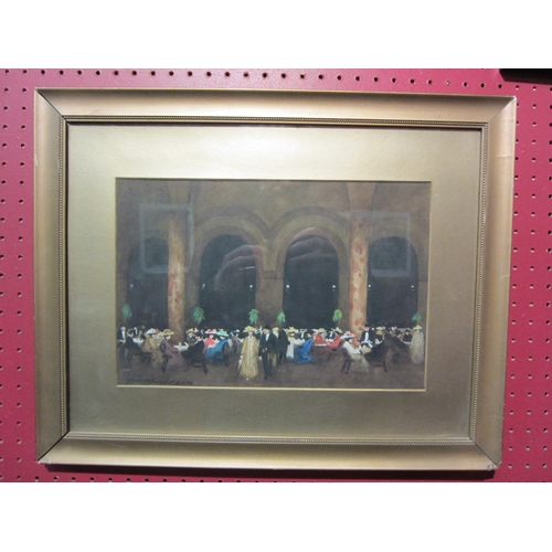 4083 - HANS HANSEN (1853-1947): A watercolour of figures seated at a dinner party, arched building, signed ... 