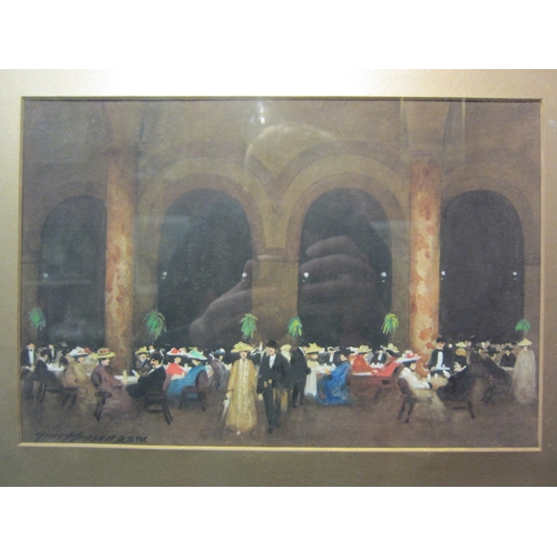 4083 - HANS HANSEN (1853-1947): A watercolour of figures seated at a dinner party, arched building, signed ... 