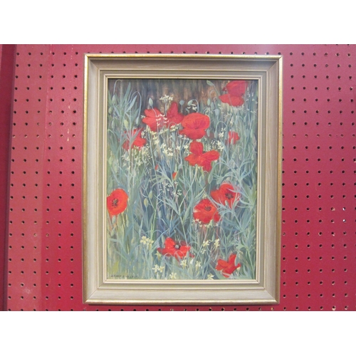 4092 - WENDY SINCLAIR (XX): An oil on board of poppies, 29cm x 22cm image size, together with another of da... 