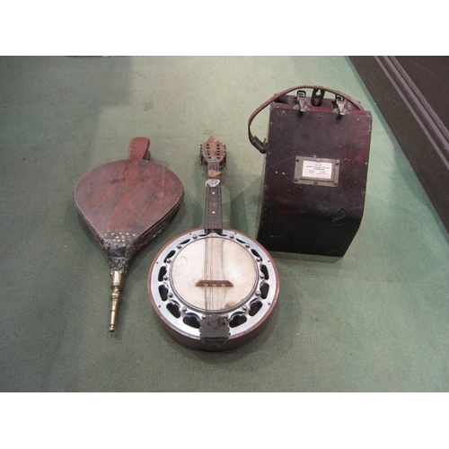 4189 - A banjo with inlay decoration to back, a pair of bellows and a sextant box, a/f (3)