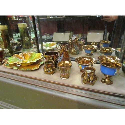 4250 - A quantity of copper lustre wares and 19th Century majolica style ceramics