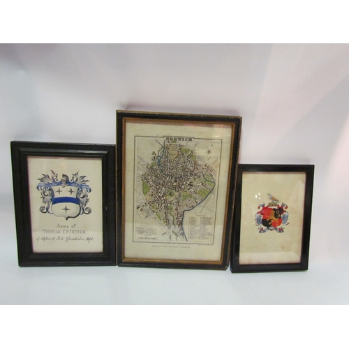 4264 - Two framed Heraldic crests and an 1819 street map of Norwich, framed and glazed, 24cm x 18cm (3)