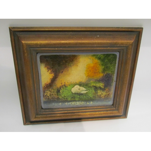 4375 - S J MANN: Two oils on boards, one of a swan and cygnets, gilt framed, 19cm x 24cm image size, and an... 