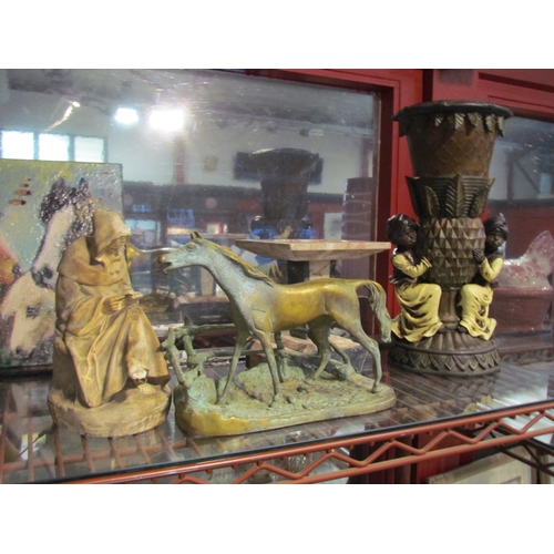 4379 - A Blackamoor style vase, marble candle holder, brass horse and a monk figure (4)   (E) £15-20