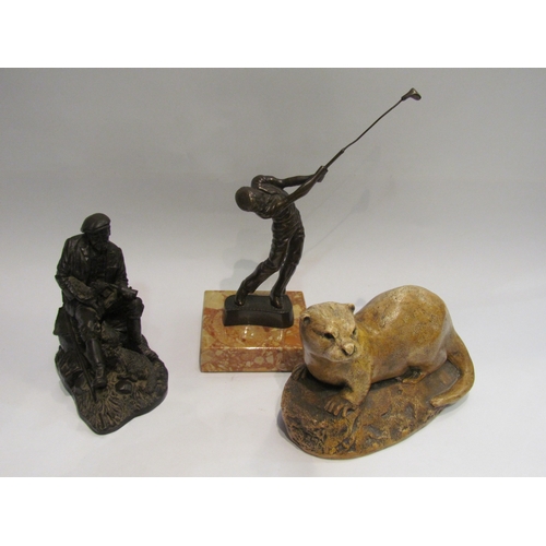 4382 - Three figures including bronze effect golfer on plinth base, otter and a bronzed sheep farmer