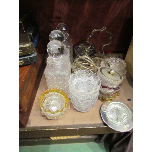 4401 - Three decanters and a collection of silver plated and glass preserve dishes etc.