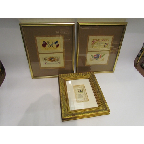 4407 - Four embroidered silk cards, housed in two gilt frames and another gilt framed 