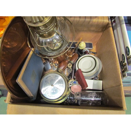 4422 - A box containing assorted items including copper tray and pot, wristwatch parts, barometer, costume ... 