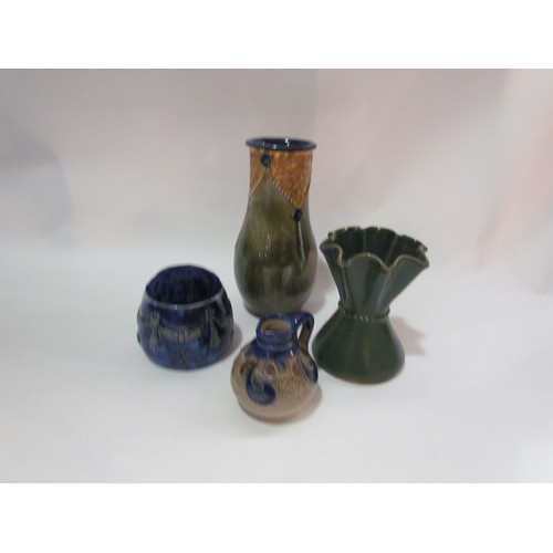 4248 - Four Royal Doulton items including vase, miniature jug, blue glazed pin cushion with swag design and... 