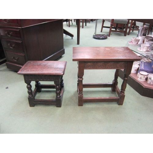 4204 - Two Jacobean style oak joined stools with box stretcher bases, largest 48cm tall x 51cm wide x 28cm ... 