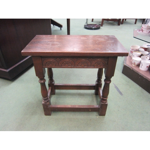 4204 - Two Jacobean style oak joined stools with box stretcher bases, largest 48cm tall x 51cm wide x 28cm ... 