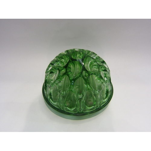 4208 - A green glass flower frog, 31 holes, Patent No.2, 25cm diameter x 16cm high