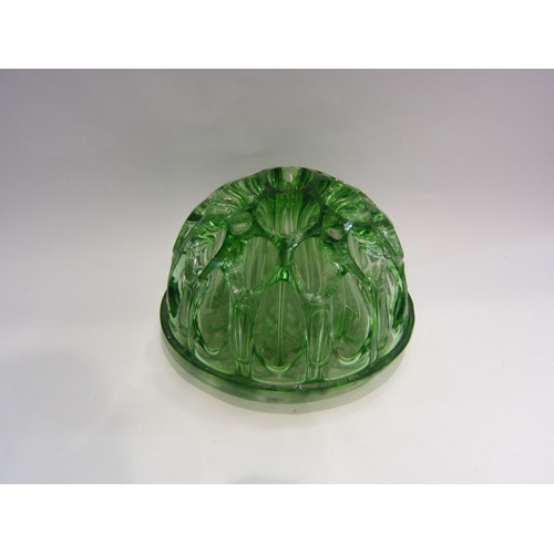 4208 - A green glass flower frog, 31 holes, Patent No.2, 25cm diameter x 16cm high