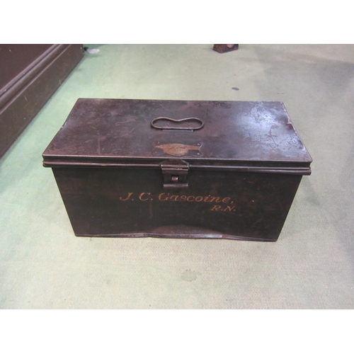 4222 - A Royal Navy tin transit box with brass plaque 