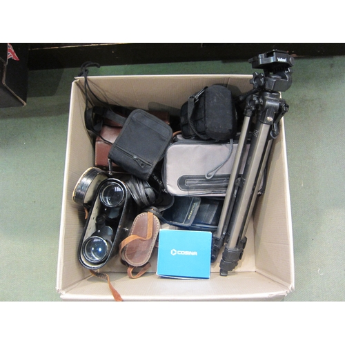 4235 - A box of optical equipment including a pair of Tecnar binoculars, Canon AE-1 camera, tripod etc.