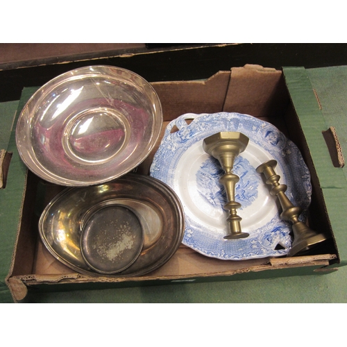 4238 - An Ironstone 'Abbey' pattern dish, silver plated dishes and pair of candlesticks