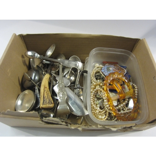 4316 - A box of bijouterie: costume jewellery, postcards to include Mabel Lucie Attwell, cutlery with some ... 