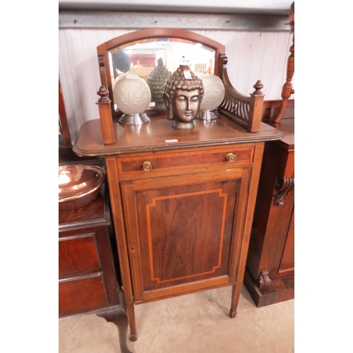 2154 - An Edwardian inlaid mahogany cabinet, the arched mirror back over a single drawer and cupboard door,... 