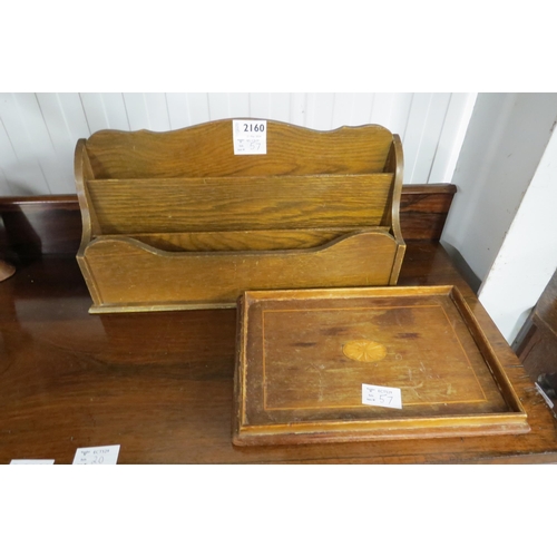 2160 - An oak stationery rack and a small Edwardian inlaid tray (a/f) (2)