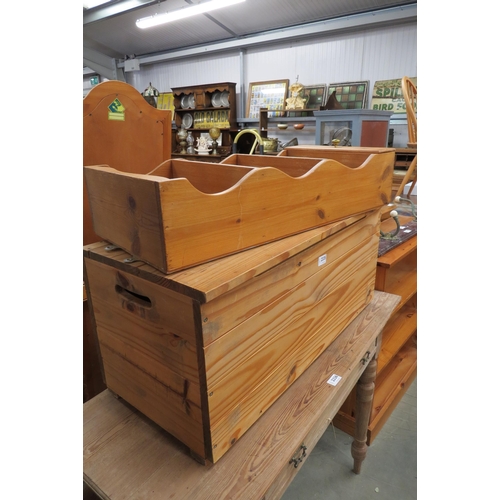 2335 - A pine wall shelf with one drawer and a pine blanket box