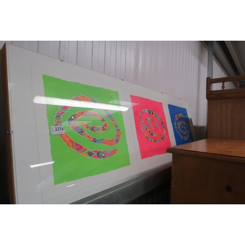 2374 - A mixed media and watercolour of three sections framed as one   (R)  £30