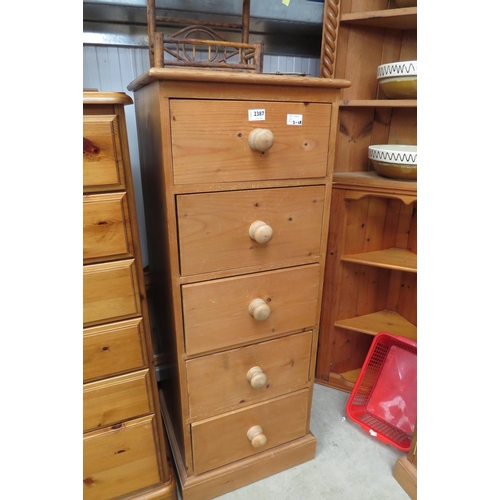 2387 - A country pine bank of five drawers, turned handles, plinth base