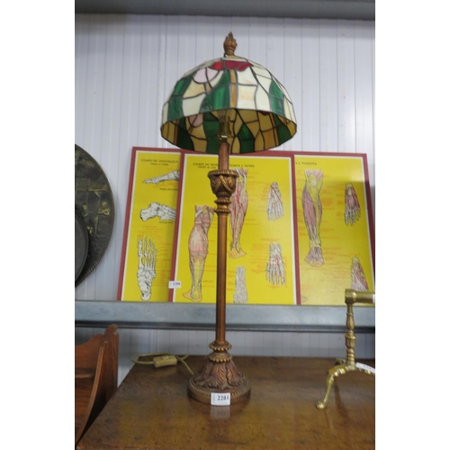 2281 - A gilt resin lamp with Tiffany style shade a/f