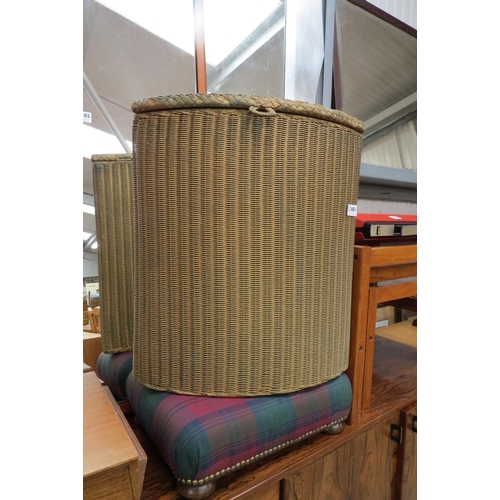 2481 - A modern tartan plaid upholstered top stool on mahogany frame and a lloyd loom linen basket