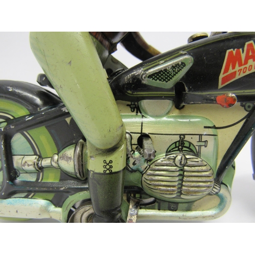 7191 - A rare Arnold Mac 700 tinplate clcokwork motorcycle and rider, made in US Zone Germany. The motorcyc... 