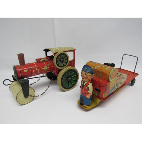 7172 - A Mettoy/Wells Brimtoy clockwork Mr Porter litho-printed tinplate railway porter's flatbed truck wit... 