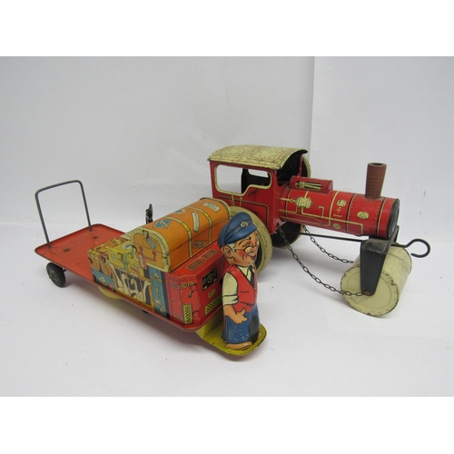 7172 - A Mettoy/Wells Brimtoy clockwork Mr Porter litho-printed tinplate railway porter's flatbed truck wit... 