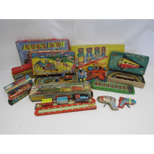 7072 - Three boxed Japanese tinplate toy vehicles and novelty toys ito include Masudaya clockwork R-11 Elec... 