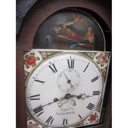 4428 - A George Suggate of Halesworth oak cased long case clock with painted religious scene above dial, se... 