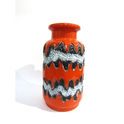 7013 - A Dumler & Breiden West German floor vase with orange glaze and two horizontal waved bands of textur... 