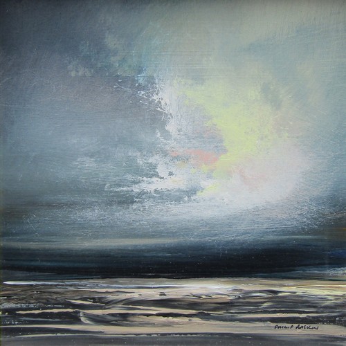 7518 - PHILIP RASKIN (SCOTTISH b. 1947) Oils on board of a large sky with sun breaking through. Label Verso... 