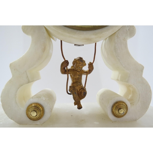 5683 - A late 19th Century Alabaster cherub on a swing mantel clock with open face, Roman chapter ring, cra... 