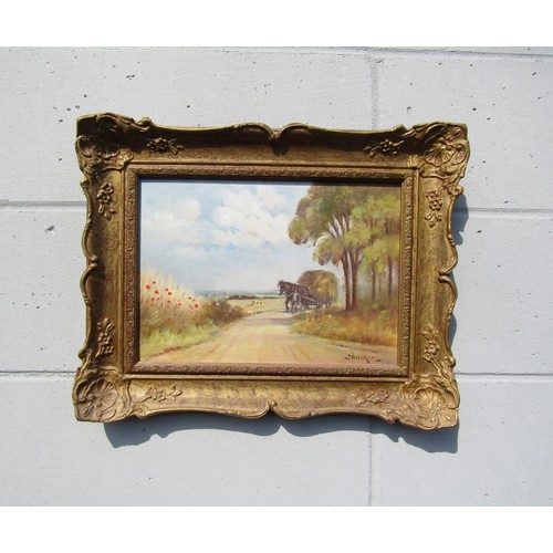 5690 - STEPHEN WALKER (1900-2004) A gilt framed oil on board, working horse with hay cart and handler on co... 