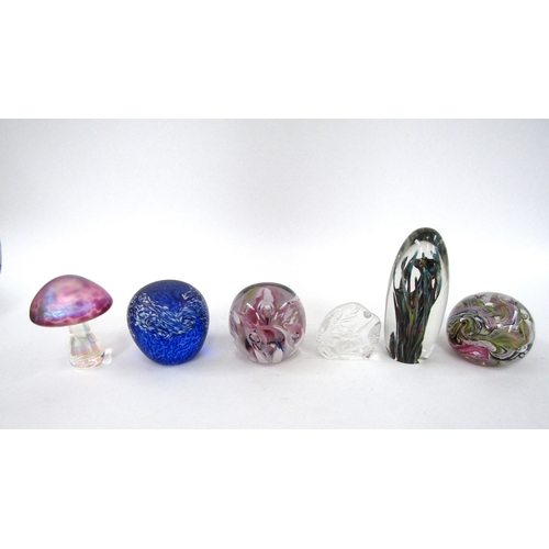 5003 - A collection of six glass paperweights including Strathearn tall example, Uredale, iridescent mushro... 