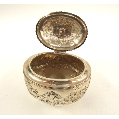 5066 - A silver John Henry Rawlings silver tea caddy, floral decorated with ribbon and swag detail, figural... 