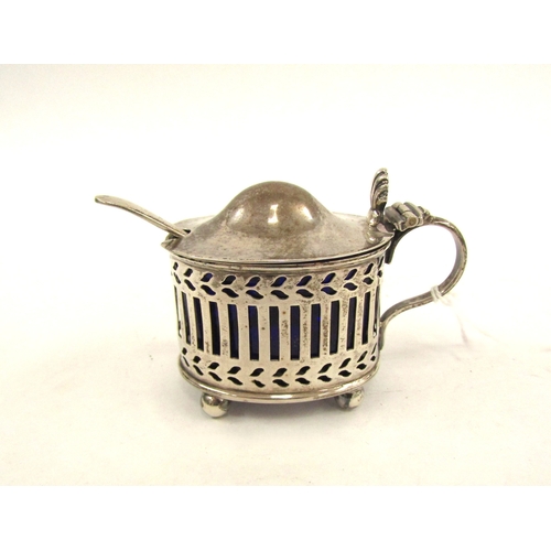 5070 - A William Hutton silver pierced mustard with blue glass liner, chipped, Birmingham 1927, 48g