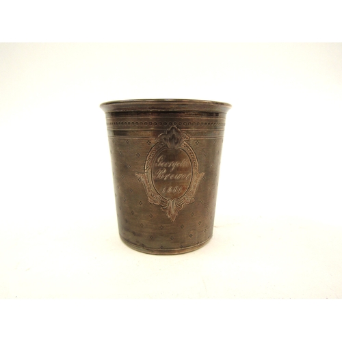 5074 - A French white metal beaker, the cartouche engraved Georgette Brewer 1881, 6.5cm tall, 6.3cm diamete... 