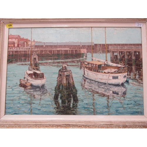 5454 - A.J. SMEE: Harbour scene with moored boats dated 1961, oil on canvas, 49cm x 75cm  (R)  £50