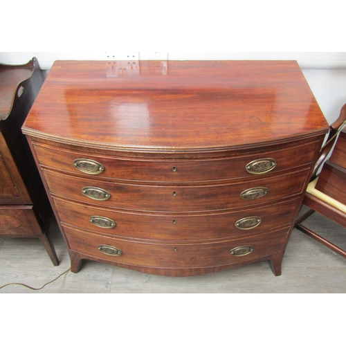 5458 - A George III mahogany bow fronted chest of drawers, brass oval handles, on outswept supports, 98.5cm... 